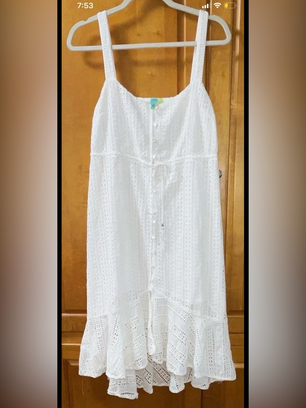 FARM Rio White Cotton Eyelet Dress Drawstring Waist Ruffle Hem size SP